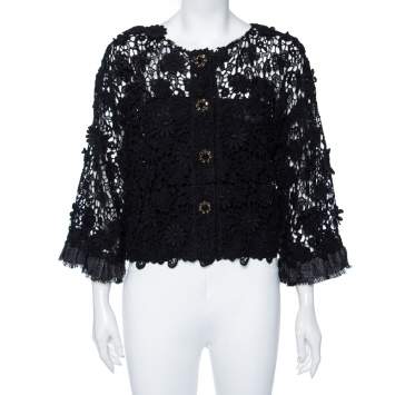 Pre Owned Dolce & Gabbana Black Floral Lace Button Front Cropped Jacket S