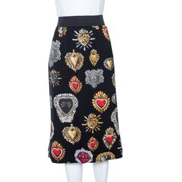 Pre Owned Dolce & Gabbana Black Sacred Heart Print Crepe Straight Midi Skirt L