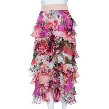 Pre Owned Dolce & Gabbana Pink Floral Print Silk Ruffled Maxi Skirt M