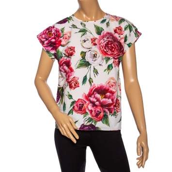 Pre Owned Dolce & Gabbana White Floral Printed Cotton Short Sleeve Top S 