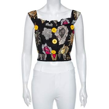 Pre Owned Dolce & Gabbana Black Sacred Heart Printed Cotton Sleeveless Crop Top S