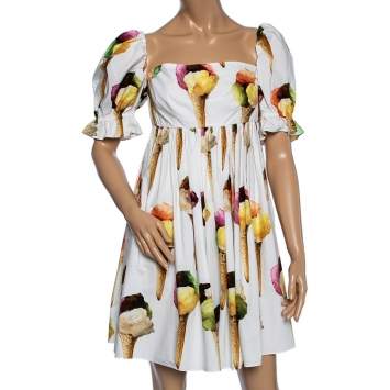 Pre Owned Dolce & Gabbana White Ice Cream Printed Cotton Mini Dress M