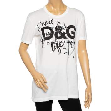 Pre Owned Dolce & Gabbana White Beautiful Life Print Cotton Short Sleeve T-Shirt S