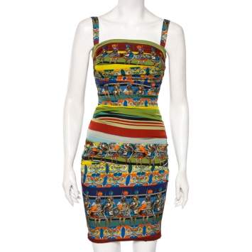 Pre Owned Dolce & Gabbana Multicolored Warrior Printed Silk Ruched Mini Dress XS