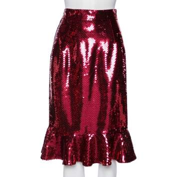Pre Owned Dolce & Gabbana Red Sequin Embellished Flared Hem Detailed Skirt M