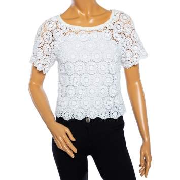 Pre Owned Dolce & Gabbana White Crochet Lace Short Sleeve Top S
