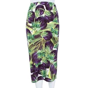 Pre Owned Dolce & Gabbana Purple & Green Aubergine Print Crepe Midi Pencil Skirt M