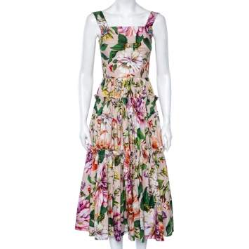 Pre Owned Dolce & Gabbana Multicolored Floral Printed Cotton Pleated Tiered Dress S
