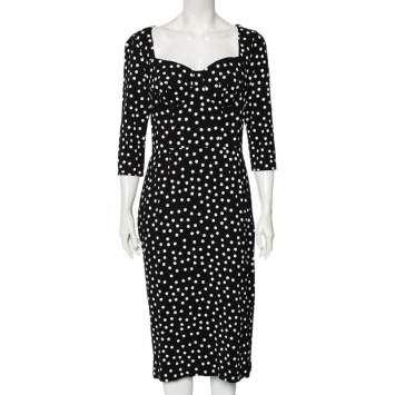 Pre Owned Dolce & Gabbana Black Polka Dot Crepe Bustier Detail Midi Dress L