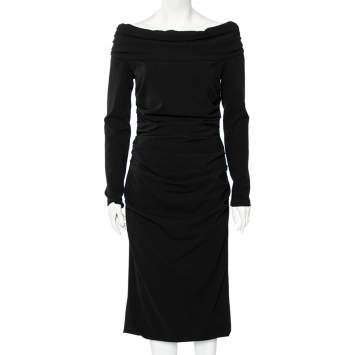 Pre Owned Dolce & Gabbana Black Wool Crepe Off Shoulder Ruched Midi Dress L