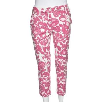 Pre Owned Dolce & Gabbana Pink Floral Printed Textured Cotton Tapered Leg Pants M