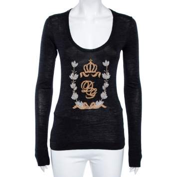 Pre Owned Dolce & Gabbana Charcoal Grey Knit Logo Embroidered Long Sleeve T-Shirt S