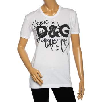 Pre Owned Dolce & Gabbana White Beautiful Life Print Cotton Short Sleeve T-Shirt S