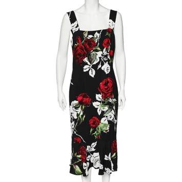 Pre Owned Dolce & Gabbana Black Rose Printed Crepe Sleeveless Midi Dress L