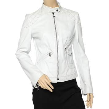 Pre Owned Dolce & Gabbana White leather Quilted Shoulder Zip Front Jacket M