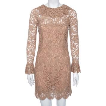 Pre Owned Dolce & Gabbana Beige Lace Long Sleeve Mini Dress S