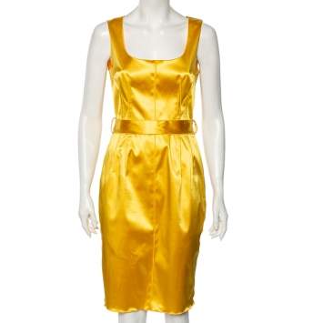 Pre Owned Dolce & Gabbana Yellow Satin Sleeveless Belted Dress S 