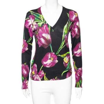 Pre Owned Dolce & Gabbana Black Tulip Print Cashmere V-Neck Jumper M