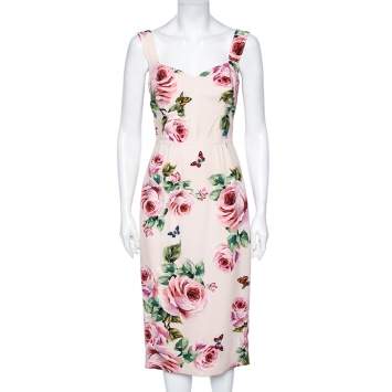 Pre Owned Dolce & Gabbana Pink Rose Printed Crepe Sleeveless Midi Dress S