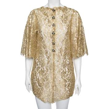 Pre Owned Dolce & Gabbana Gold Lurex Floral Lace Scalloped Hem Detailed Blouse M