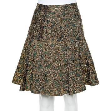 Pre Owned Dolce & Gabbana Green & Gold Floral Brocade Pleated Skirt M