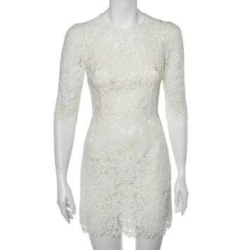 Pre Owned Dolce & Gabbana White Floral Lace Scalloped Hem Detail Dress S 