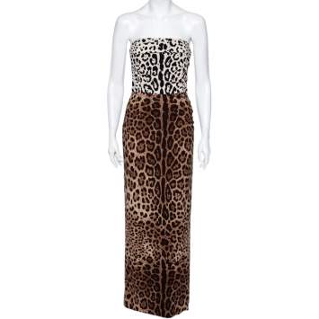 Pre Owned Dolce & Gabbana Leopard Printed Silk Crepe Strapless Maxi Dress M