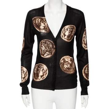 Pre Owned Dolce & Gabbana Black Ancient Coin Print Silk Knit Cardigan M