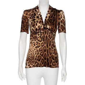 Pre Owned Dolce & Gabbana Brown Animal Print Silk Neck Tie Detailed Top S