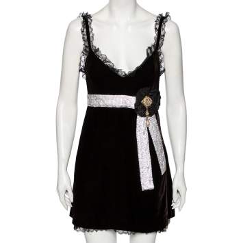 Pre Owned Dolce & Gabbana Black Velvet & Lace Trimmed Embellished Mini Dress M