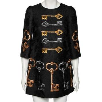Pre Owned Dolce & Gabbana Black Key Print Silk Jacquard Oversized Dress S 