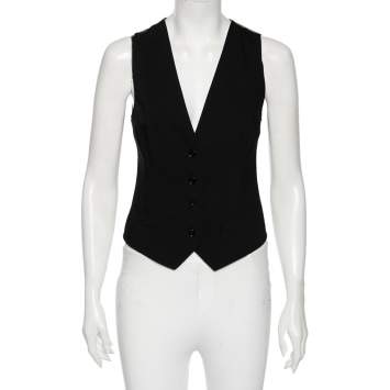 مملوكة مسبقًا Dolce & Gabbana Black & Leopard Print Wool Button Front Waistcoat S