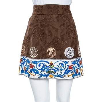 Pre Owned Dolce & Gabbana Brown Printed Embossed Cotton Short Skirt S