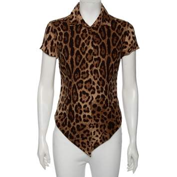 Pre Owned Dolce & Gabbana Brown Leopard Printed Silk Tie-Knot Blouse S
