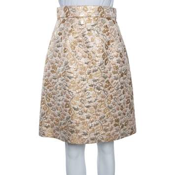 Pre Owned Dolce & Gabbana Gold Floral Jacquard Brocade Flared Skirt S