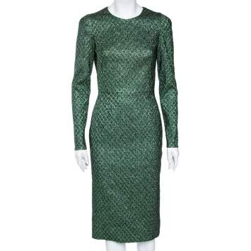 Pre Owned Dolce & Gabbana Green Metallic Jacquard Long Sleeve Midi Dress M