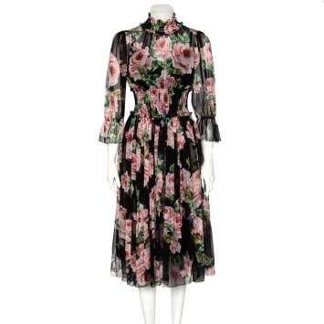 Pre Owned Dolce & Gabbana Black & Prink Rose Printed Silk Smocked Midi Dress S