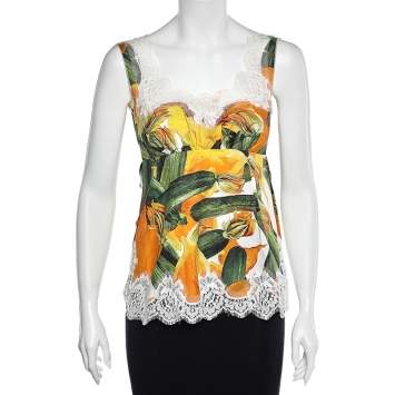 Pre Owned Dolce & Gabbana Multicolor Zucchini Printed Cotton & Lace Sleeveless Top S