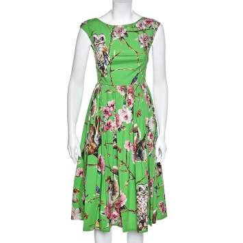 Pre Owned Dolce & Gabbana Green Enchanted Forest Printed Cotton Midi Dress XS