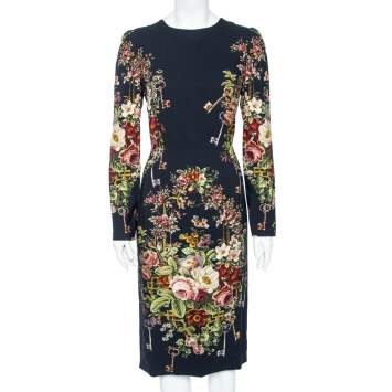 Pre Owned Dolce & Gabbana Black Floral Printed Crepe Long Sleeve Dress L