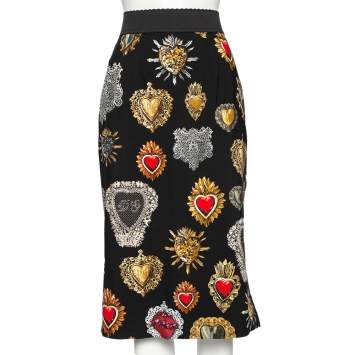 Pre Owned Dolce & Gabbana Black Sacred Heart Printed Crepe Midi Skirt M