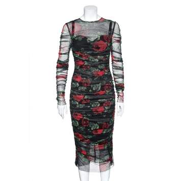Pre Owned Dolce & Gabbana Black Rose Printed Tulle Ruched Dress L 