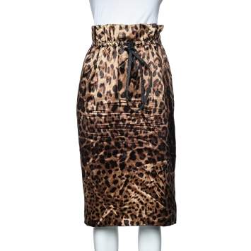 Pre Owned Dolce & Gabbana Brown Animal printed Silk Satin Paper Bag Waist Midi Skirt L