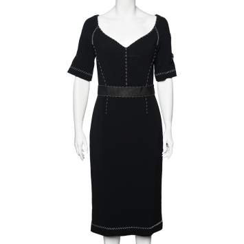 Pre Owned Dolce & Gabbana Black Crepe Contrast Detail Midi Dress L