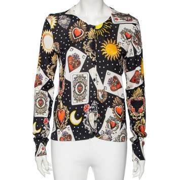 Pre Owned Dolce & Gabbana Multicolored Playing Cards Print Silk Knit Cardigan M
