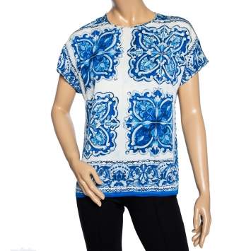 Pre Owned Dolce and Gabbana Blue and White Majolica Printed Blouse M