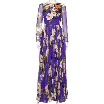 Pre Owned Dolce & Gabbana Blue Floral Printed Silk & Embellished Detailed Gown M 