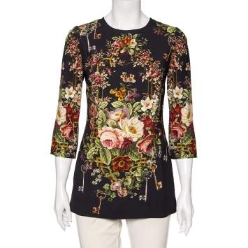 Pre Owned Dolce & Gabbana Black Key and Floral Print Crepe Long Sleeve Top S