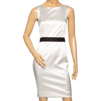 Pre Owned Dolce & Gabbana Ivory Satin Belted Sleeveless Dress M