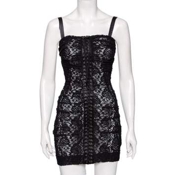 Pre Owned Dolce & Gabbana Black Lace Ruched Sleeveless Mini Dress XS
